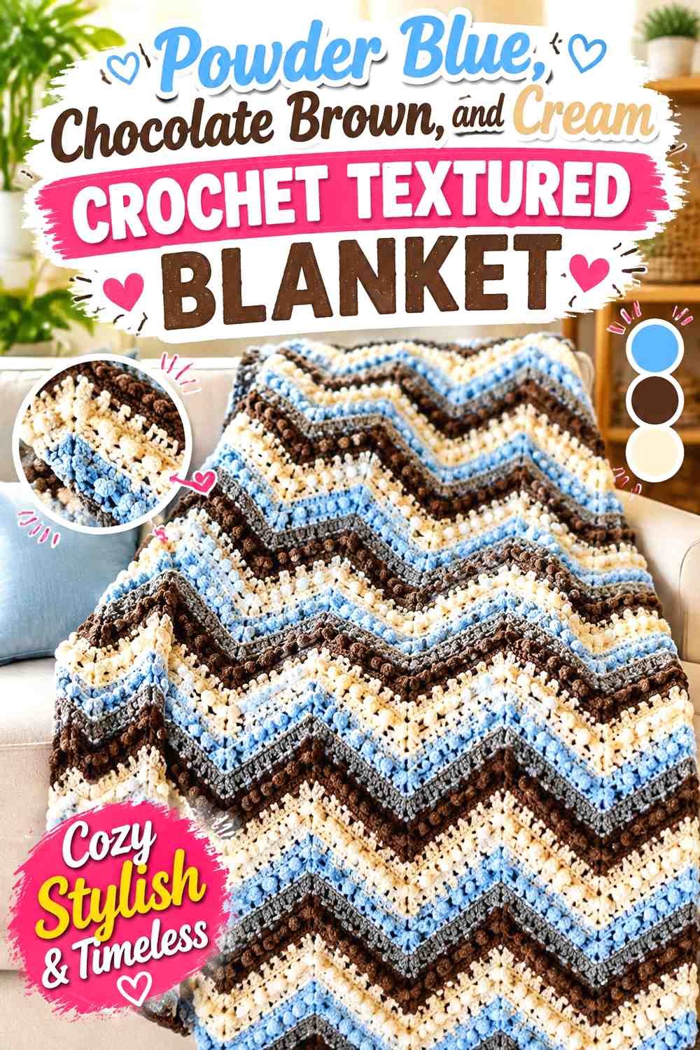 13. Powder Blue Chocolate Brown And Cream Crochet Textured Blanket
