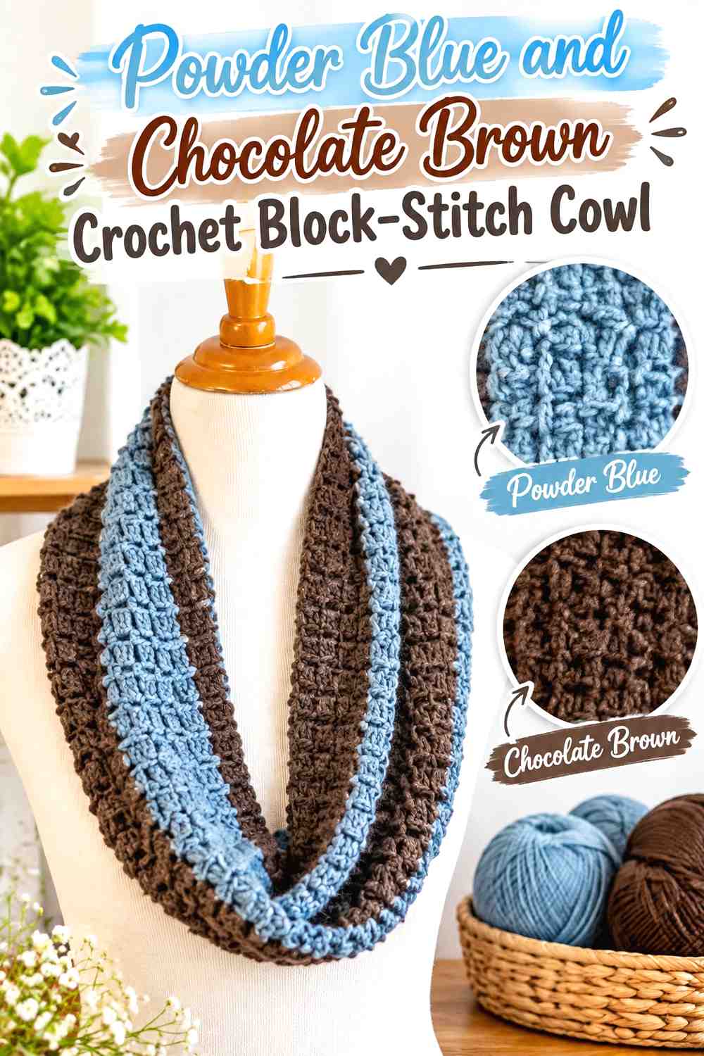 9. Powder Blue And Chocolate Brown Crochet Block Stitch Cowl