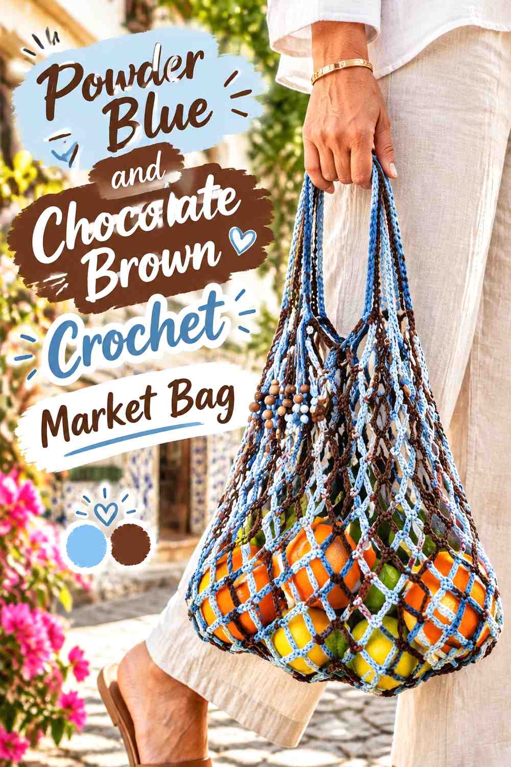 2. Powder Blue And Chocolate Brown Crochet Market Bag