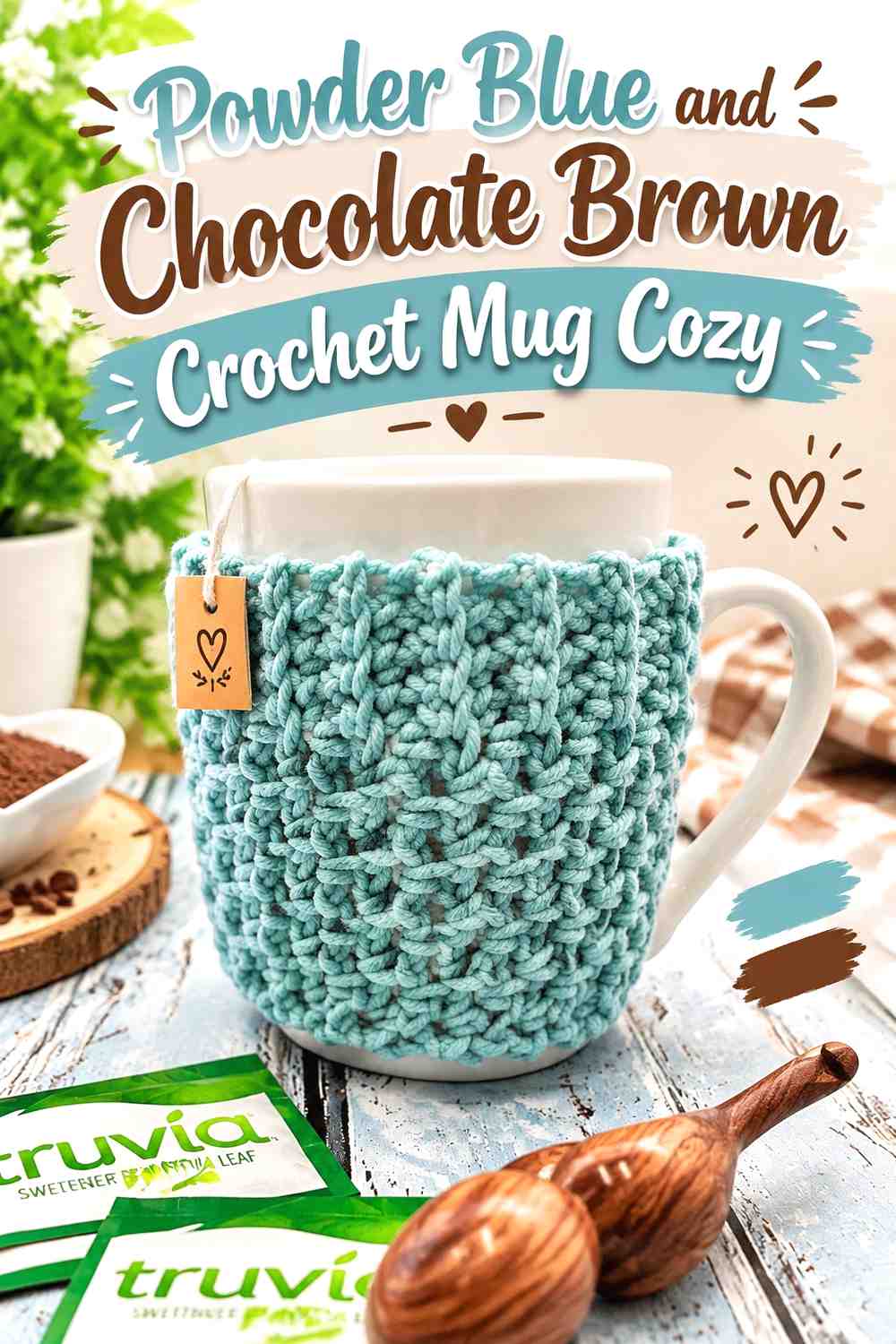 15. Powder Blue And Chocolate Brown Crochet Mug Cozy