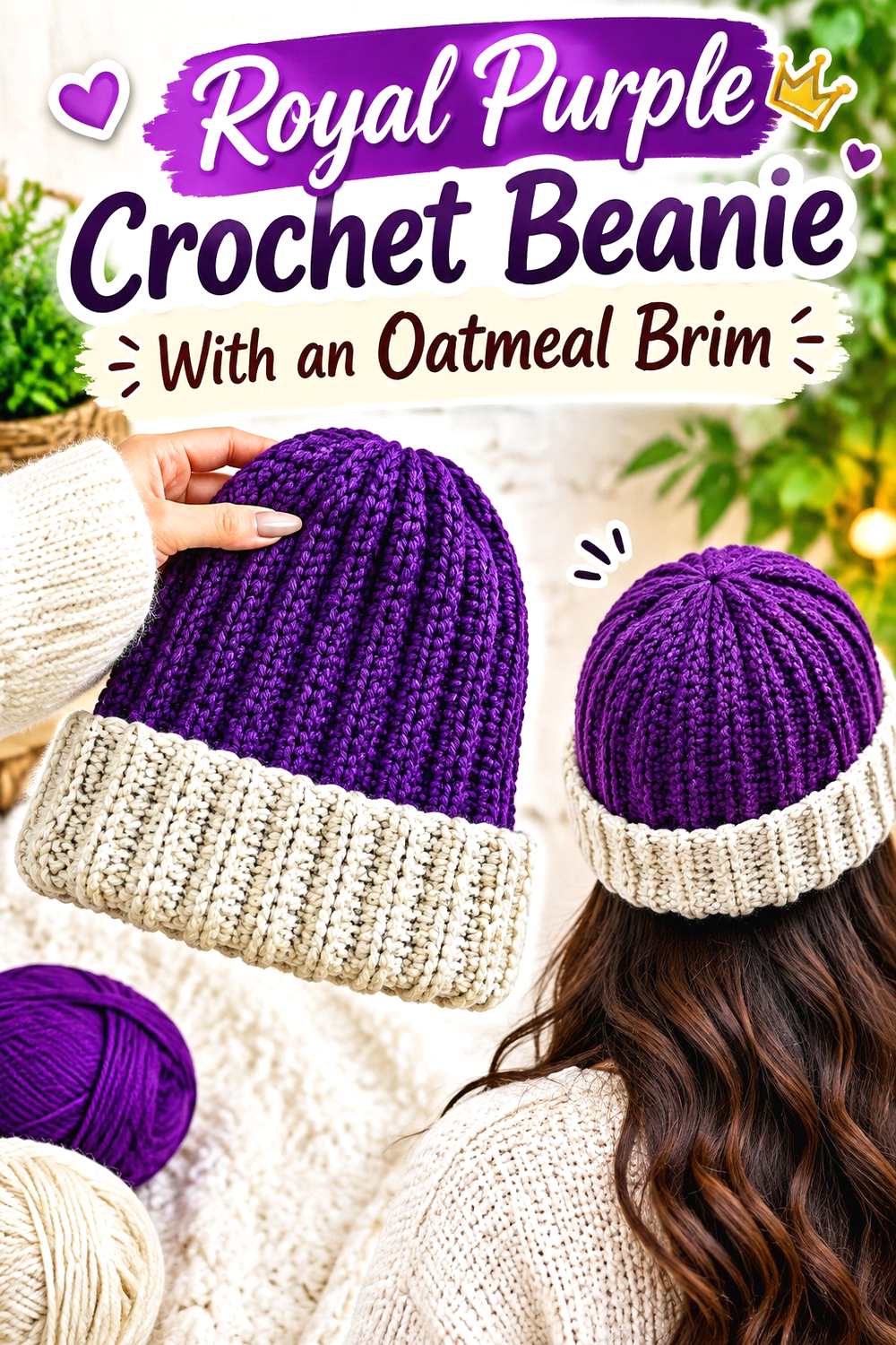2. Royal Purple Crochet Beanie With An Oatmeal Brim