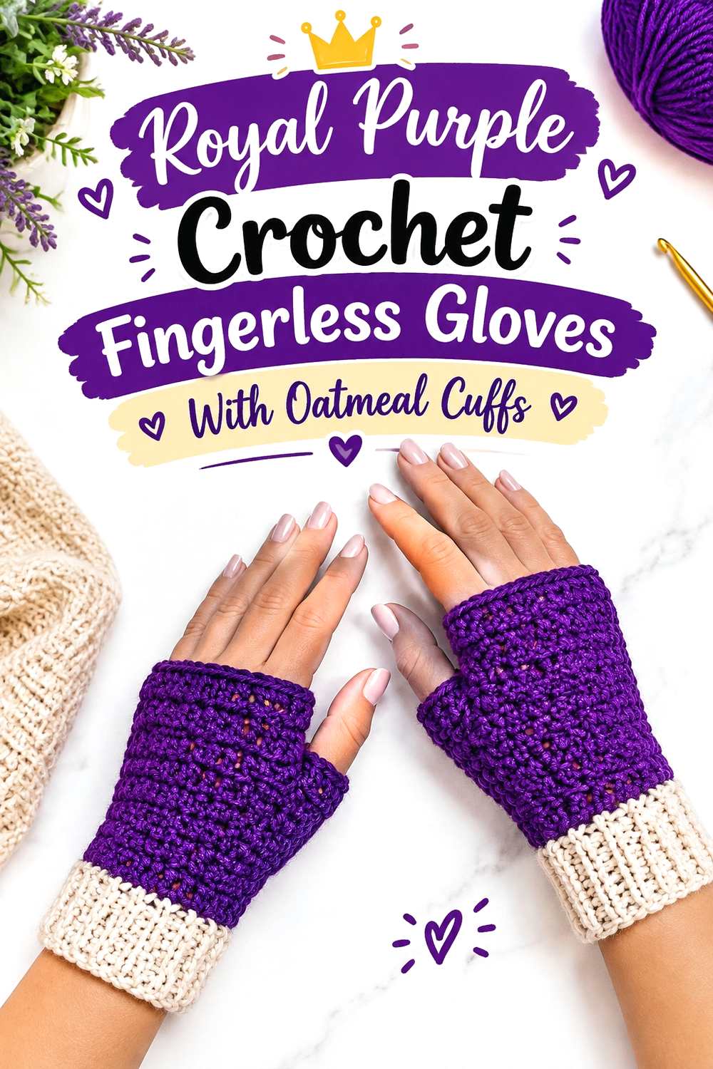 14. Royal Purple Crochet Fingerless Gloves With Oatmeal Cuffs
