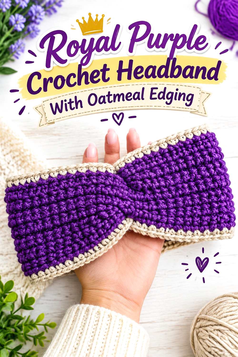 6. Royal Purple Crochet Headband With Oatmeal Edging