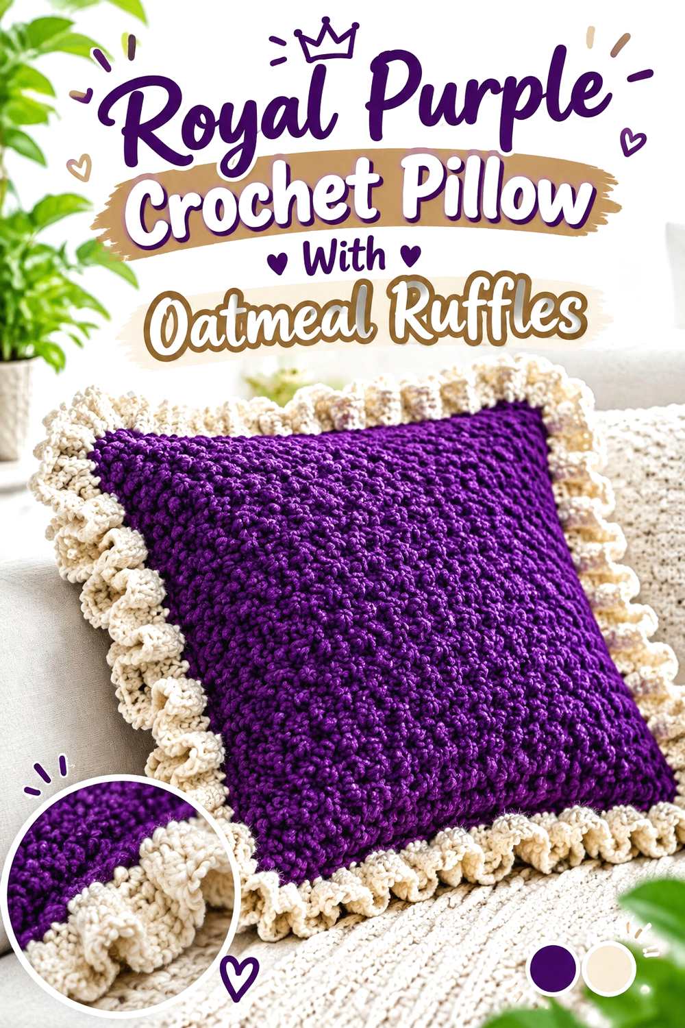 11. Royal Purple Crochet Pillow With Oatmeal Ruffles