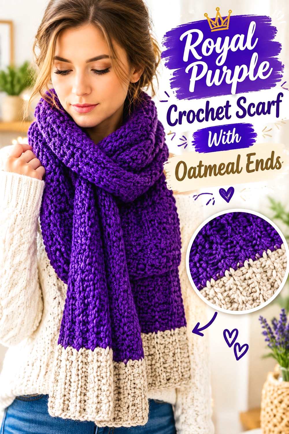9. Royal Purple Crochet Scarf With Oatmeal Ends