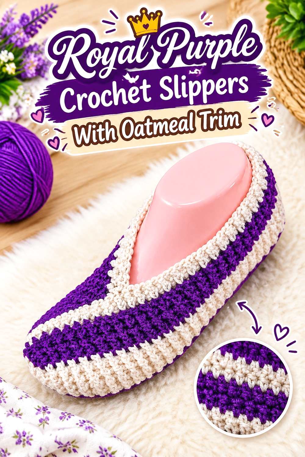 12. Royal Purple Crochet Slippers With Oatmeal Trim