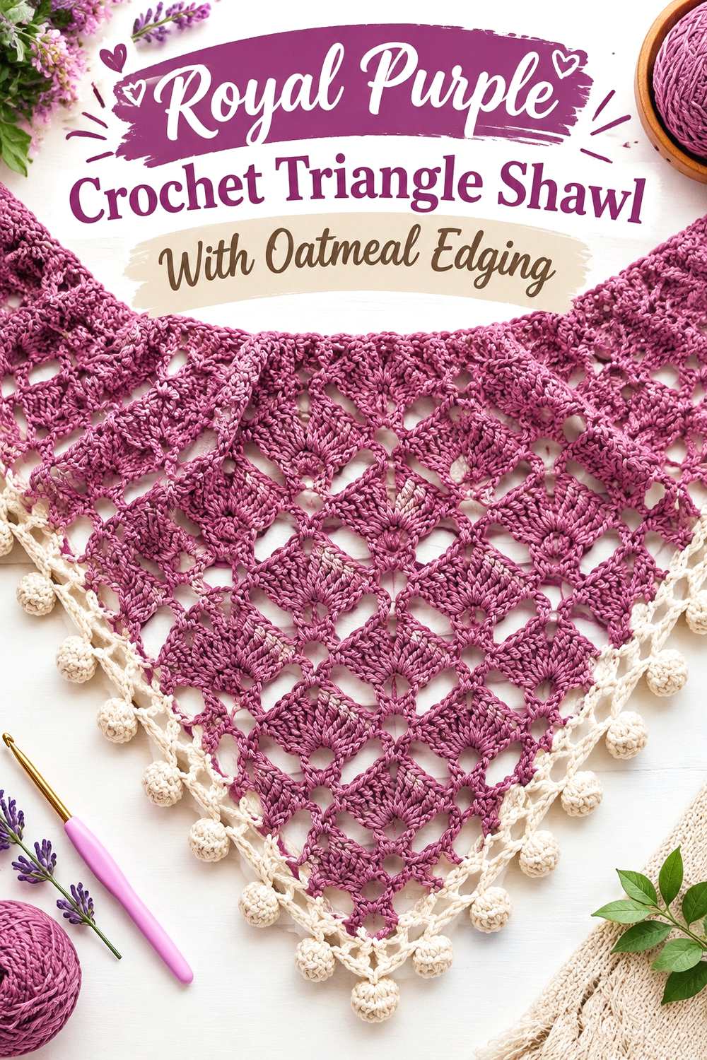 17. Royal Purple Crochet Triangle Shawl With Oatmeal Edging