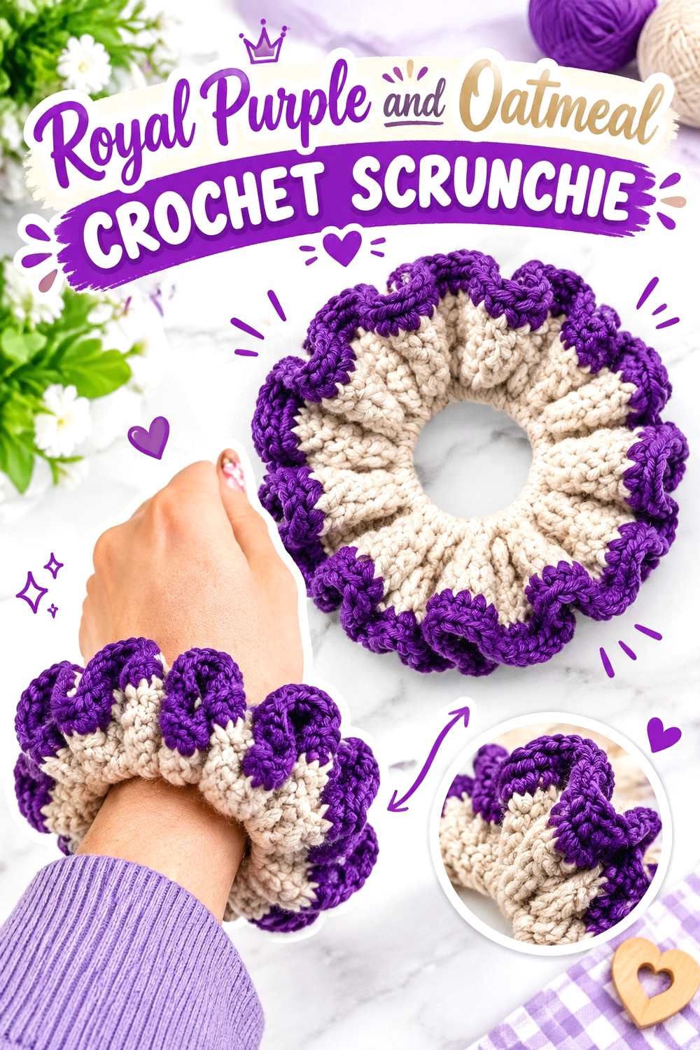 16. Royal Purple And Oatmeal Crochet Scrunchie