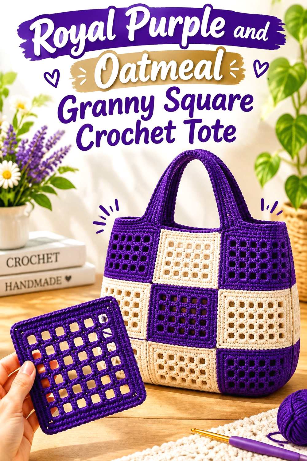 1. Royal Purple And Oatmeal Granny Square Crochet Tote