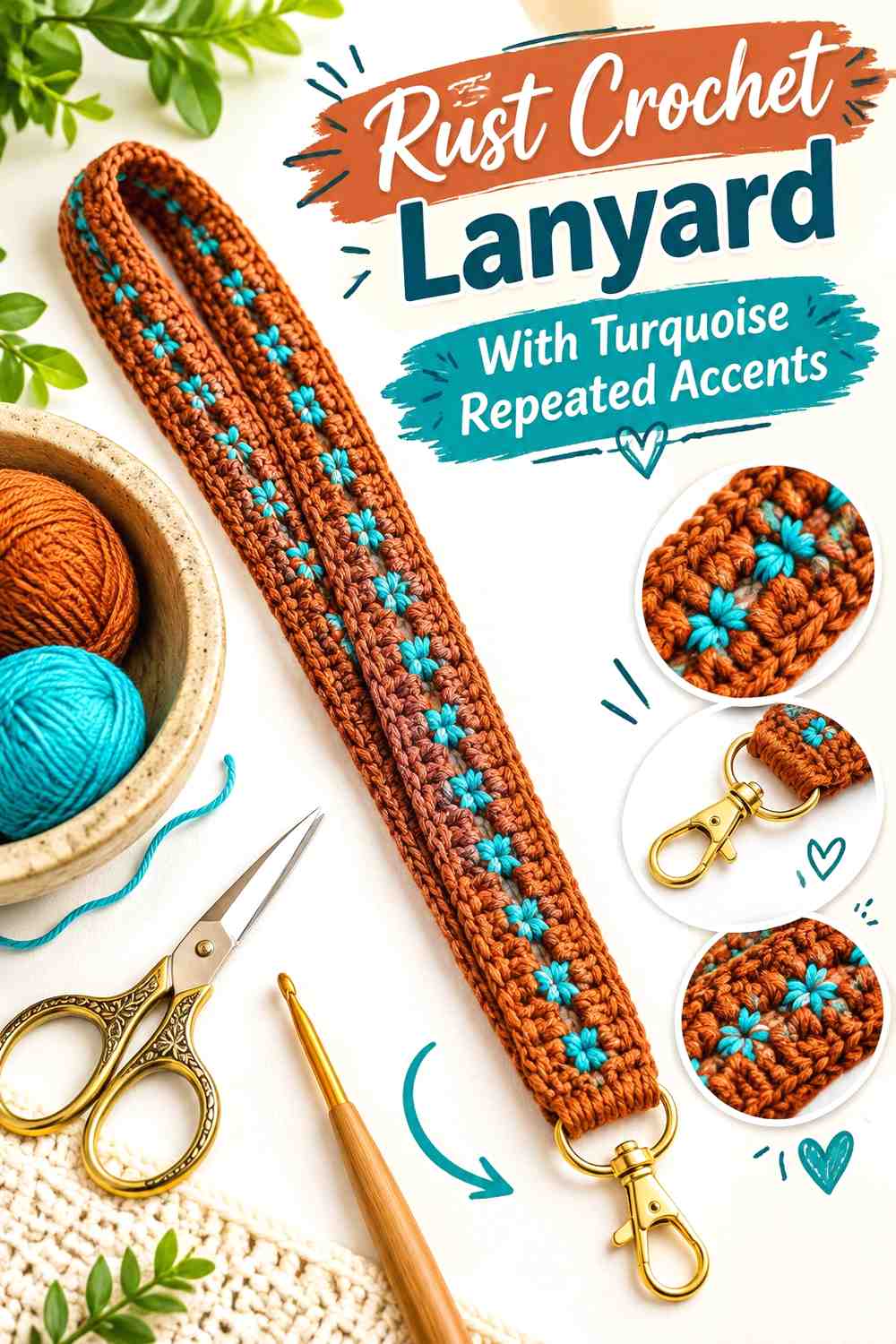 12. Rust Crochet Lanyard With Turquoise Repeated Accents