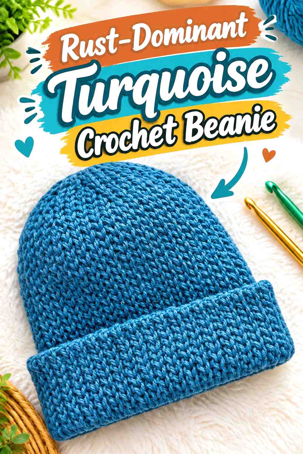 2. Rust Dominant Turquoise Crochet Beanie