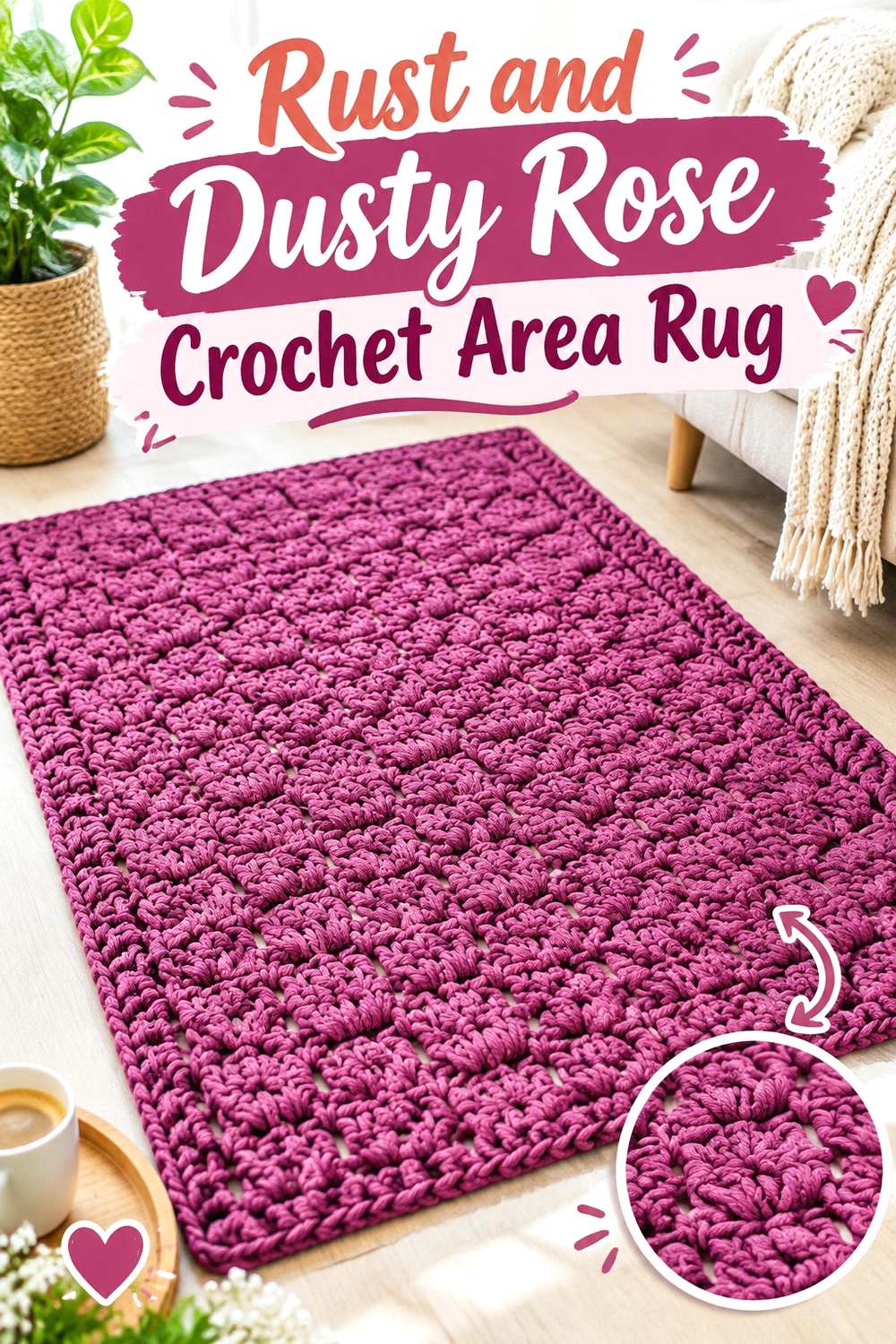 8. Rust And Dusty Rose Crochet Area Rug