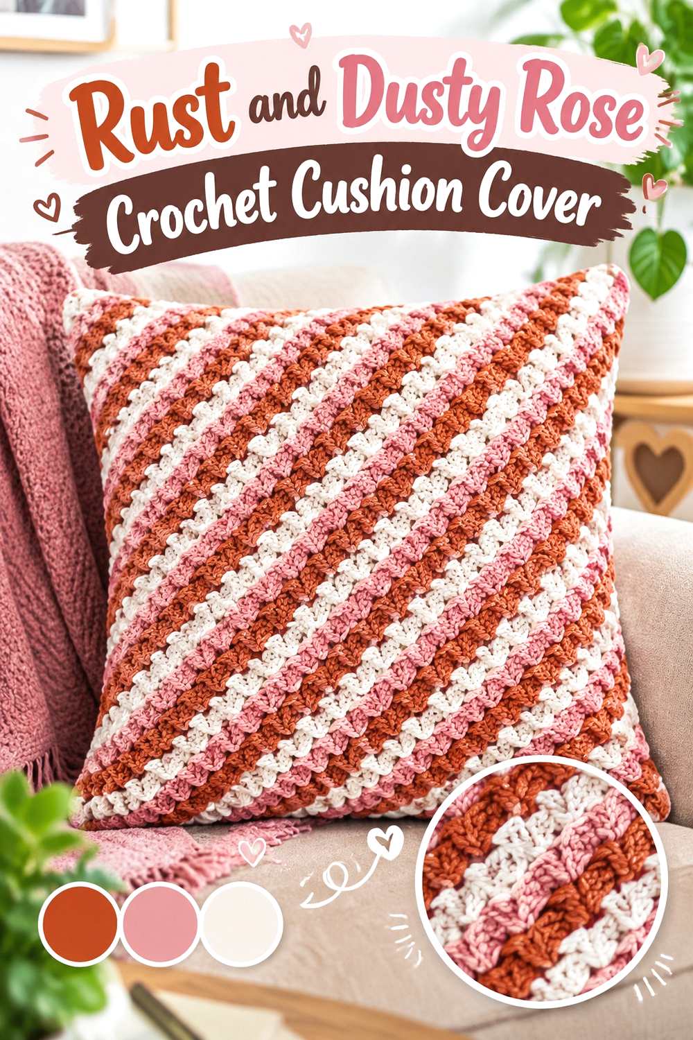 1. Rust And Dusty Rose Crochet Cushion Cover