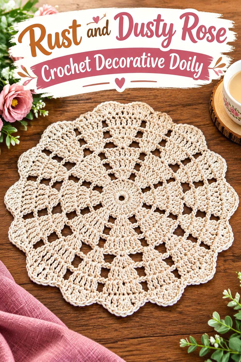 14. Rust And Dusty Rose Crochet Decorative Doily