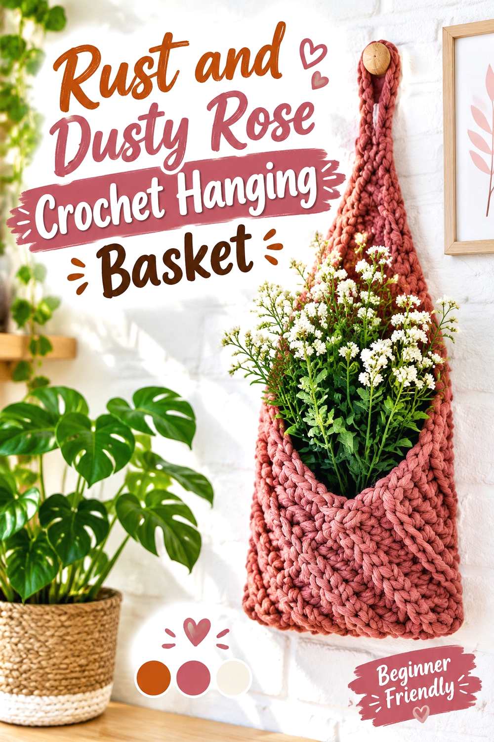 11. Rust And Dusty Rose Crochet Hanging Basket