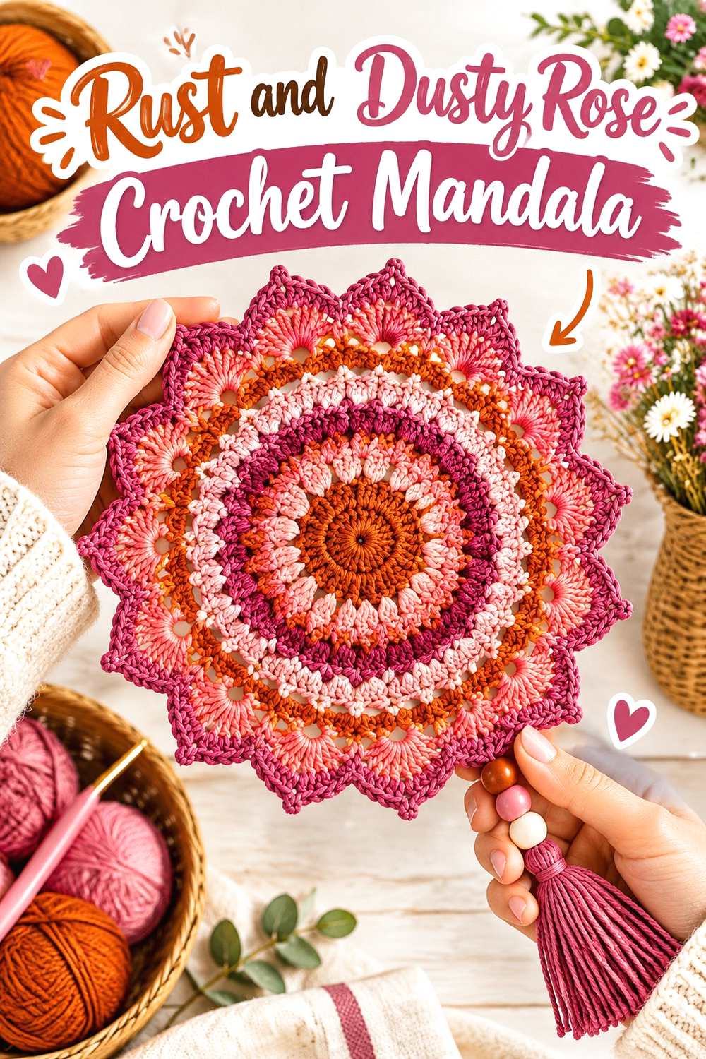 15. Rust And Dusty Rose Crochet Mandala