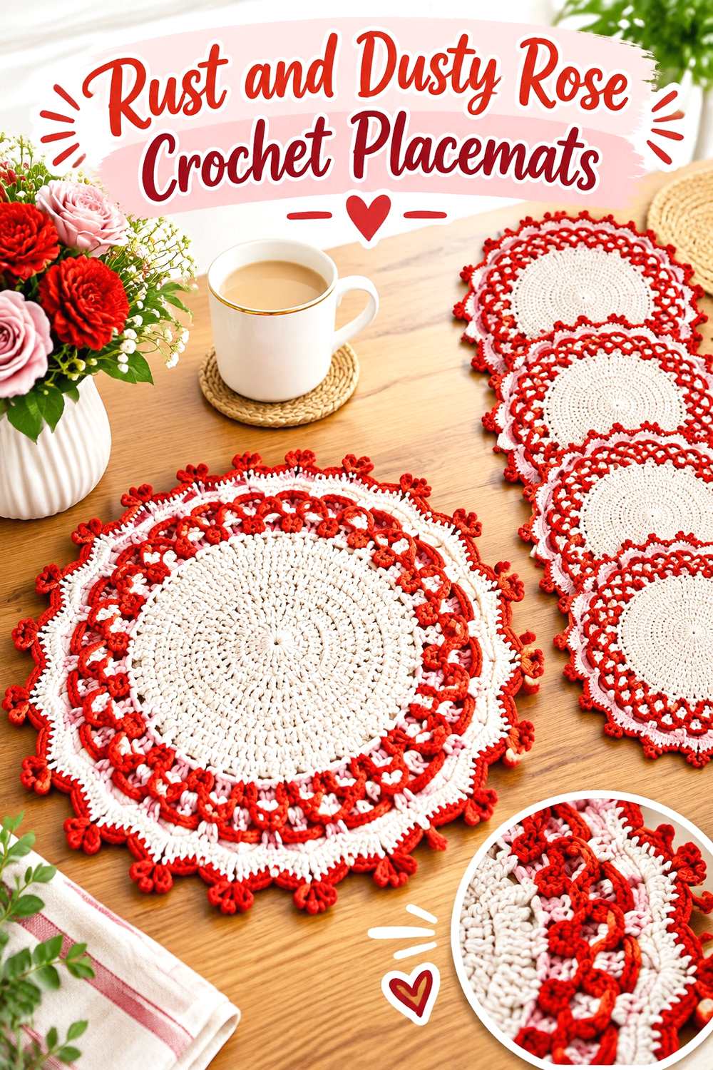 9. Rust And Dusty Rose Crochet Placemats