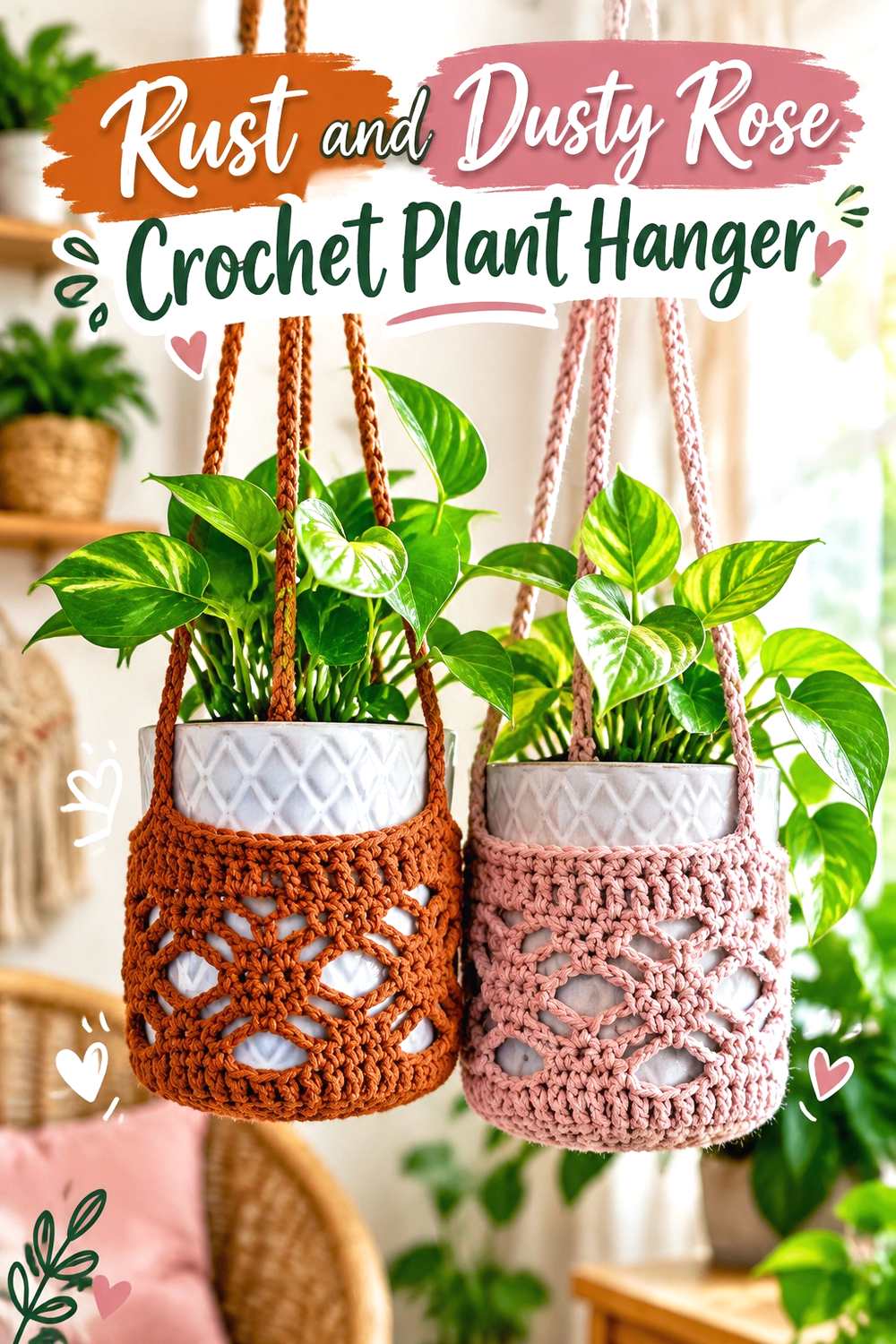 5. Rust And Dusty Rose Crochet Plant Hanger