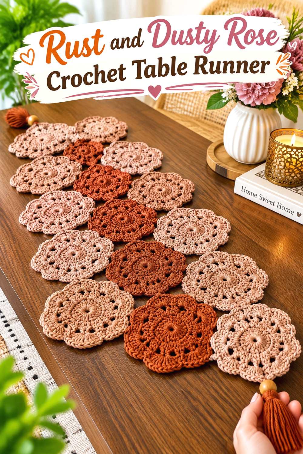 3. Rust And Dusty Rose Crochet Table Runner