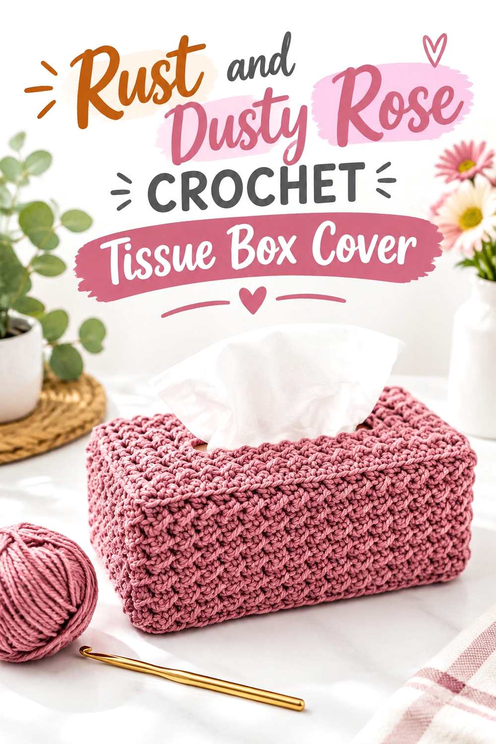 6. Rust And Dusty Rose Crochet Tissue Box Cover