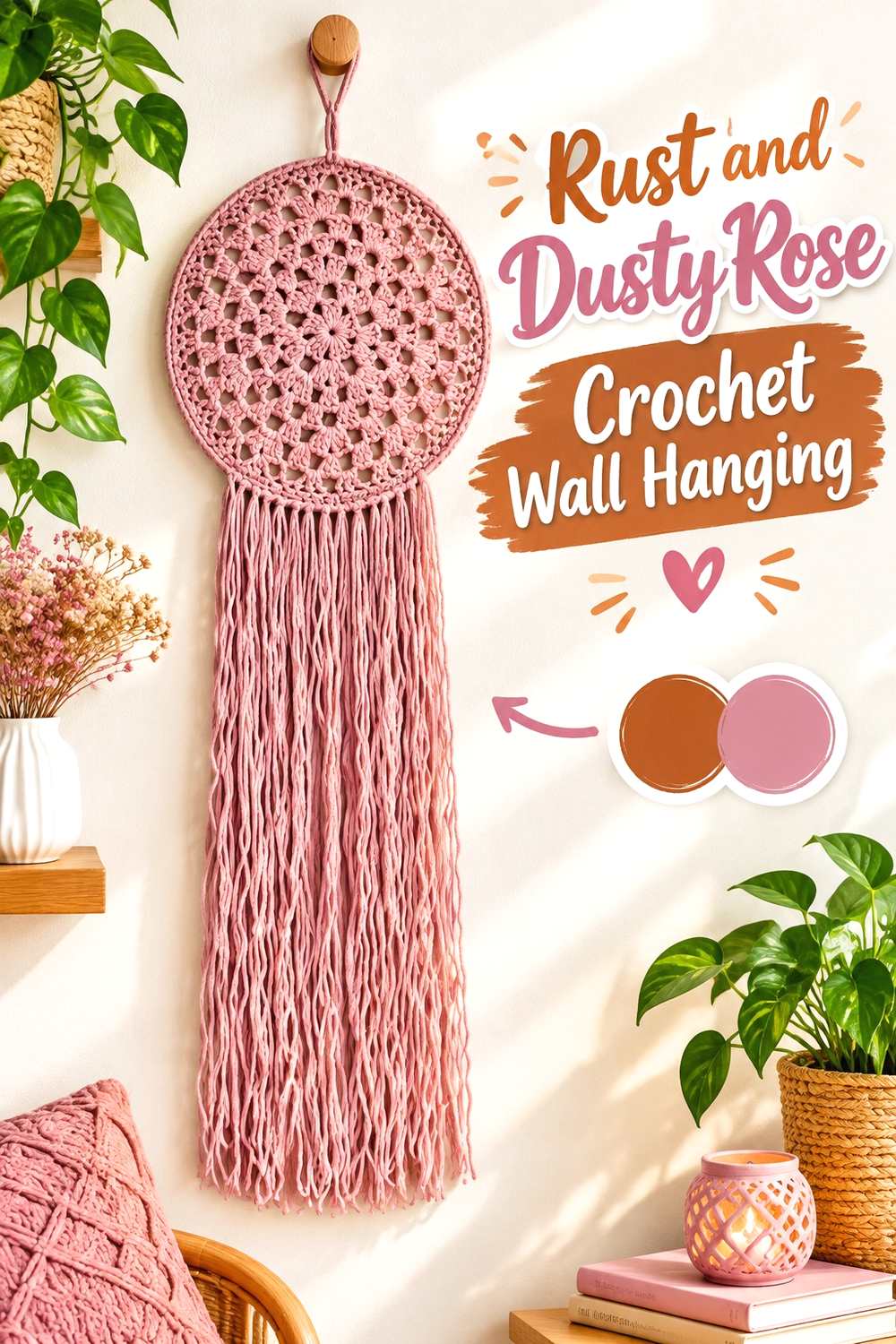 10. Rust And Dusty Rose Crochet Wall Hanging