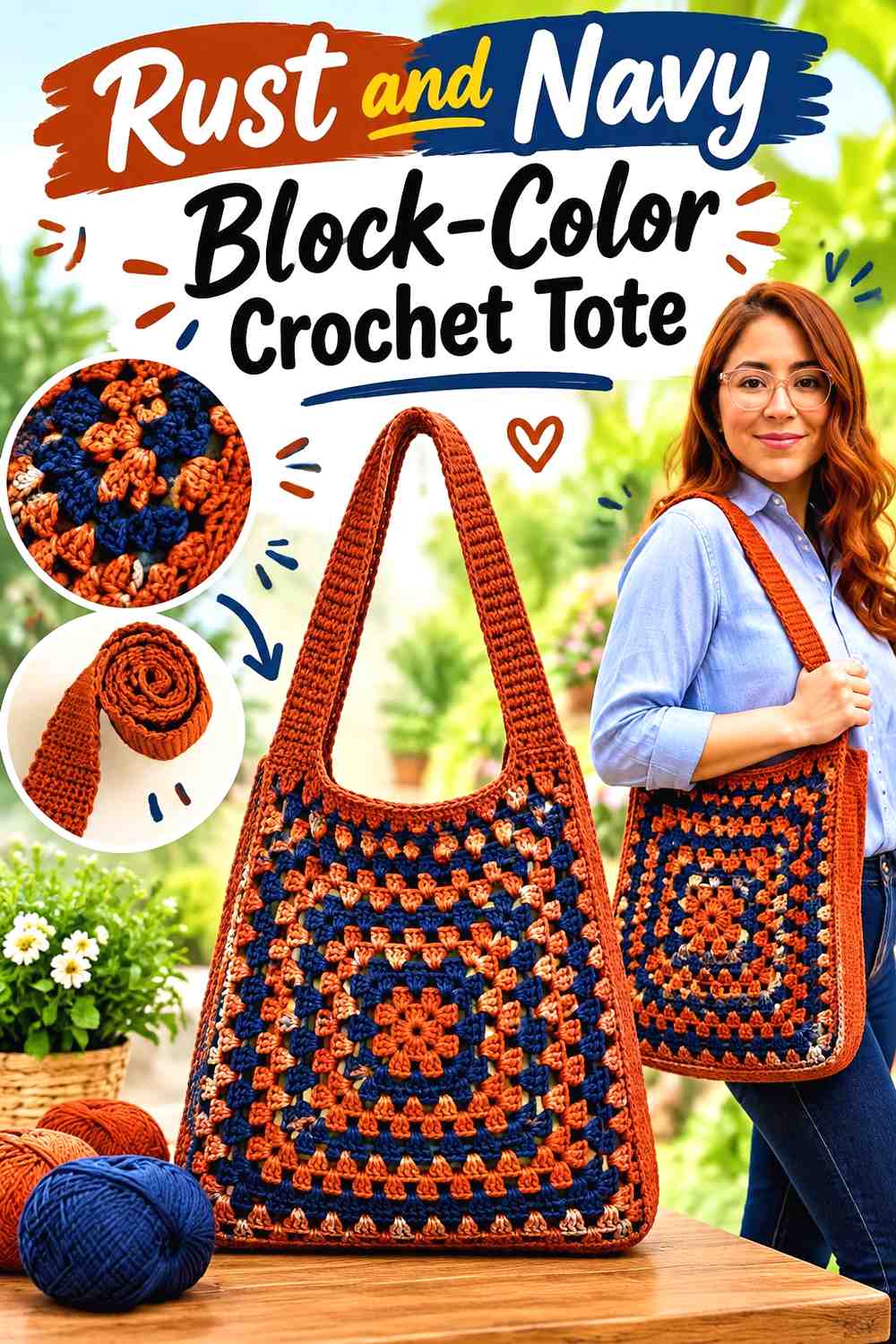 11. Rust And Navy Block Color Crochet Tote