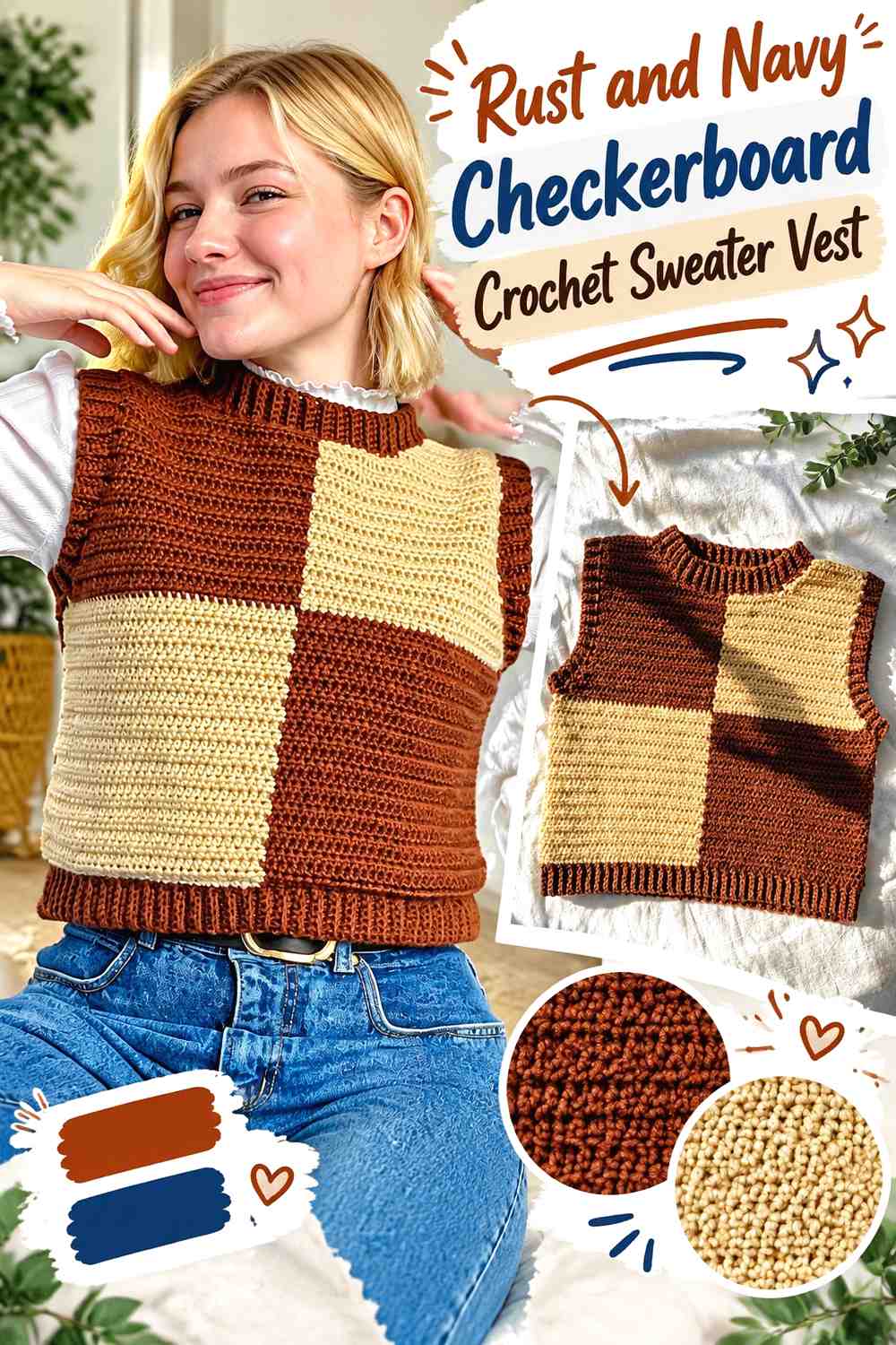2. Rust And Navy Checkerboard Crochet Sweater Vest