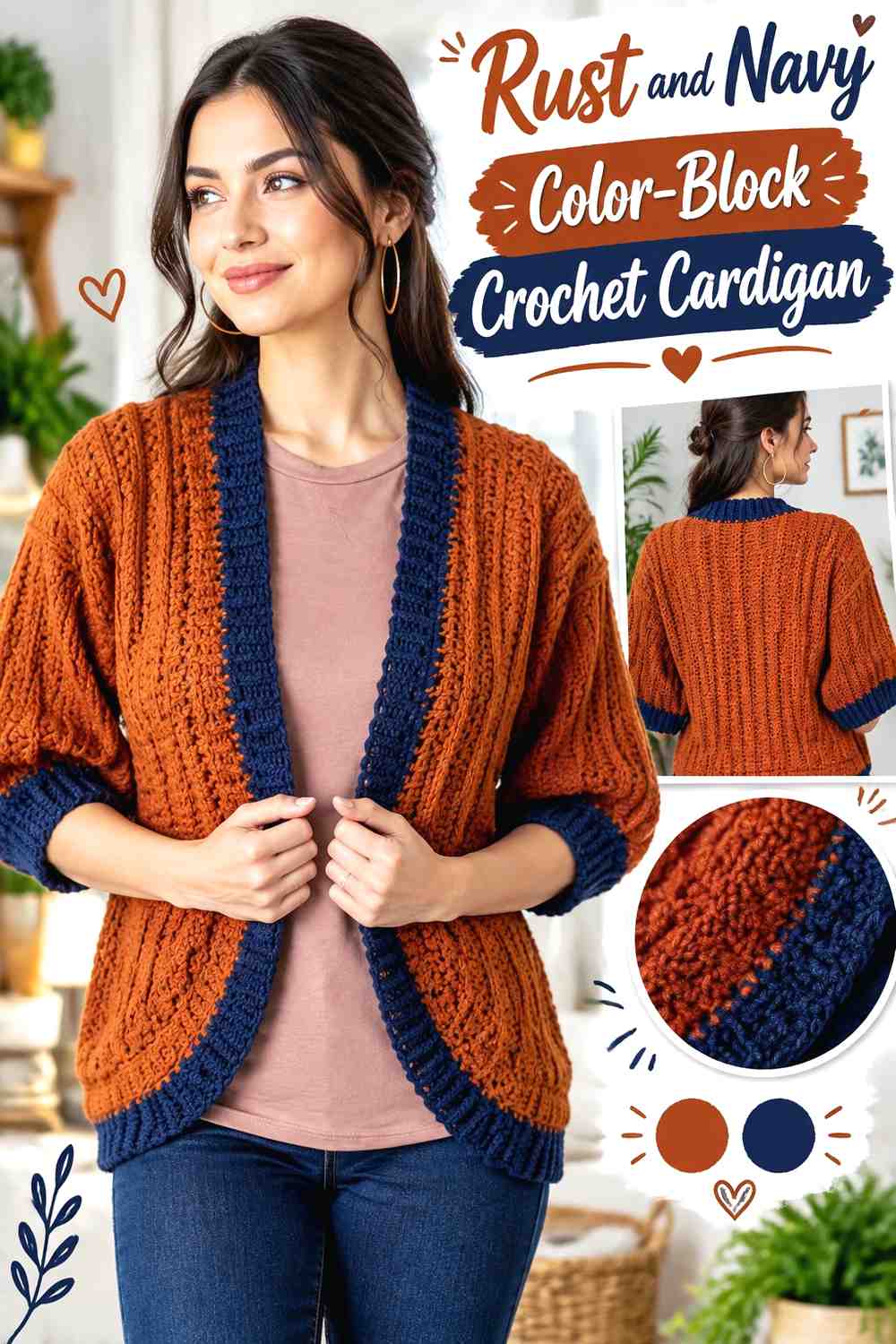 1. Rust And Navy Color Block Crochet Cardigan