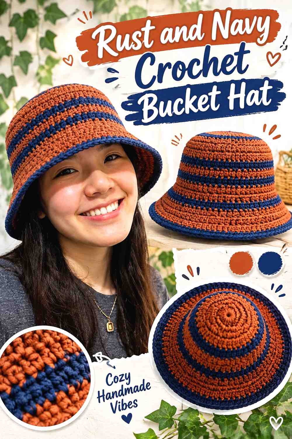 8. Rust And Navy Crochet Bucket Hat