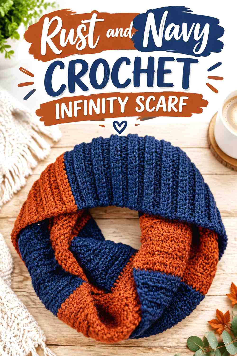 10. Rust And Navy Crochet Infinity Scarf