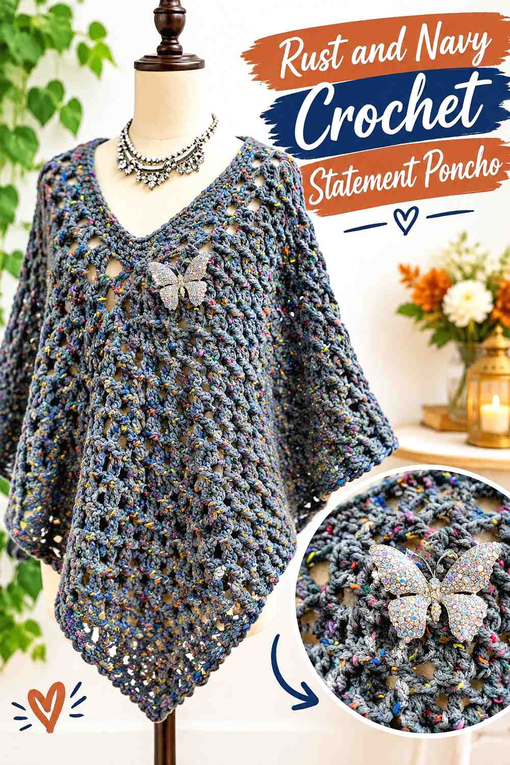 4. Rust And Navy Crochet Statement Poncho