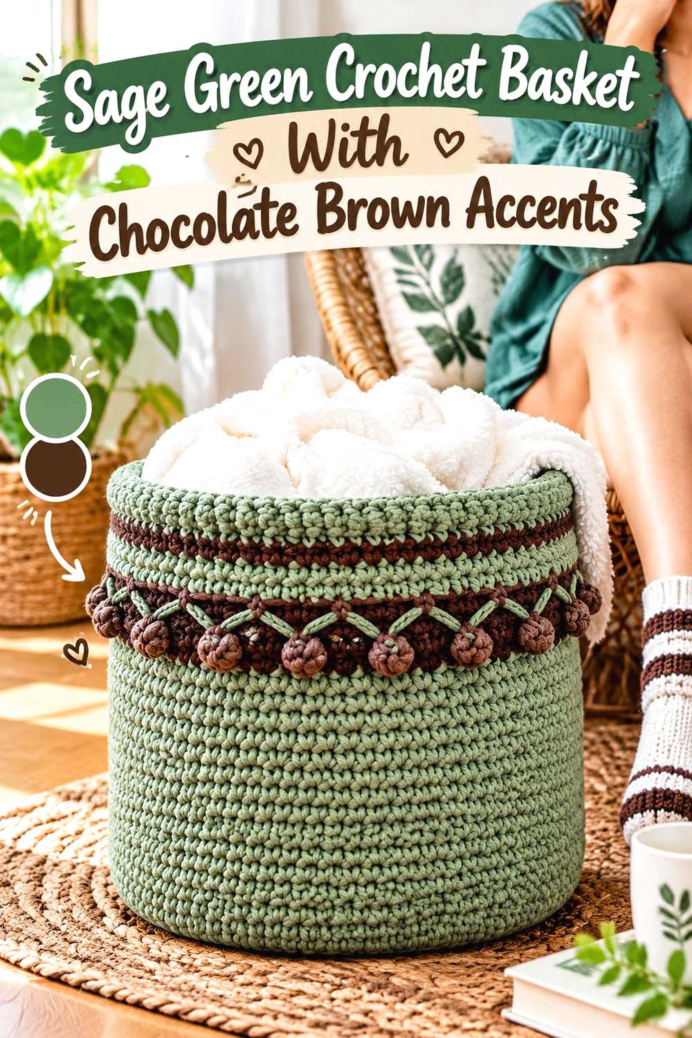 4. Sage Green Crochet Basket With Chocolate Brown Accents