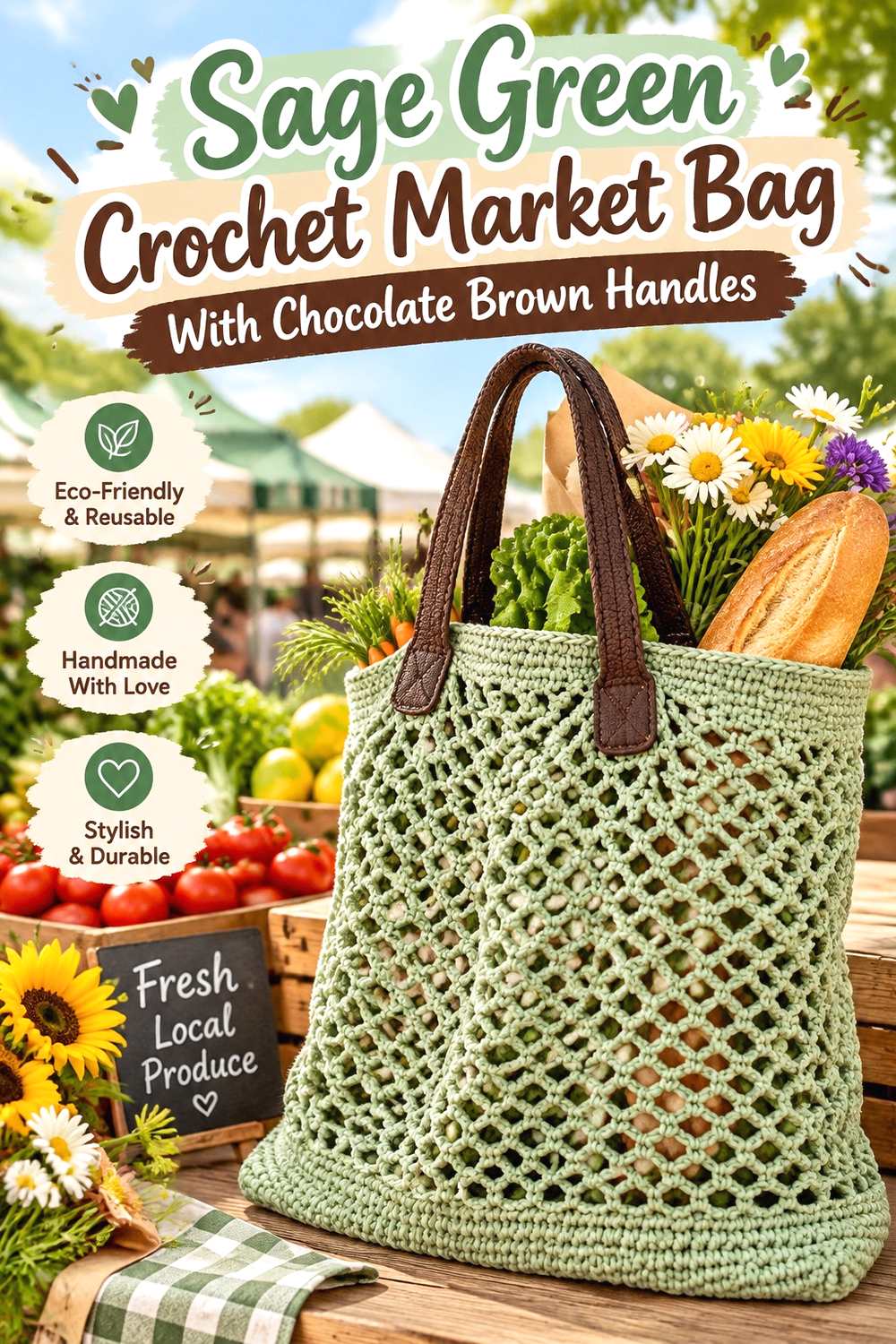 6. Sage Green Crochet Market Bag With Chocolate Brown Handles