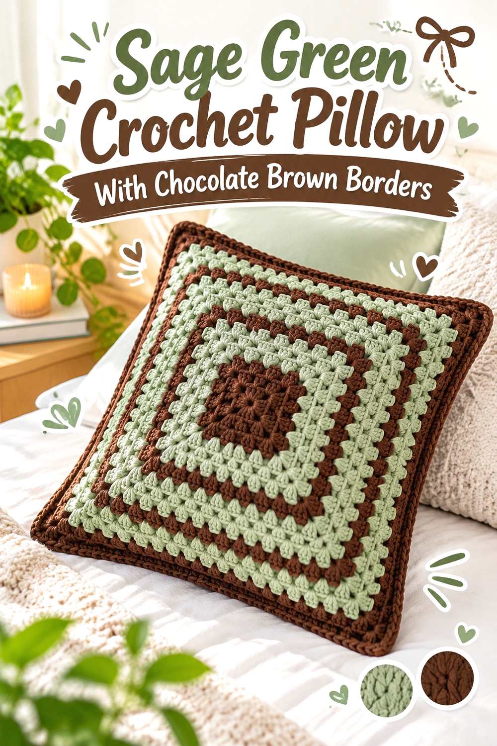 13. Sage Green Crochet Pillow With Chocolate Brown Borders