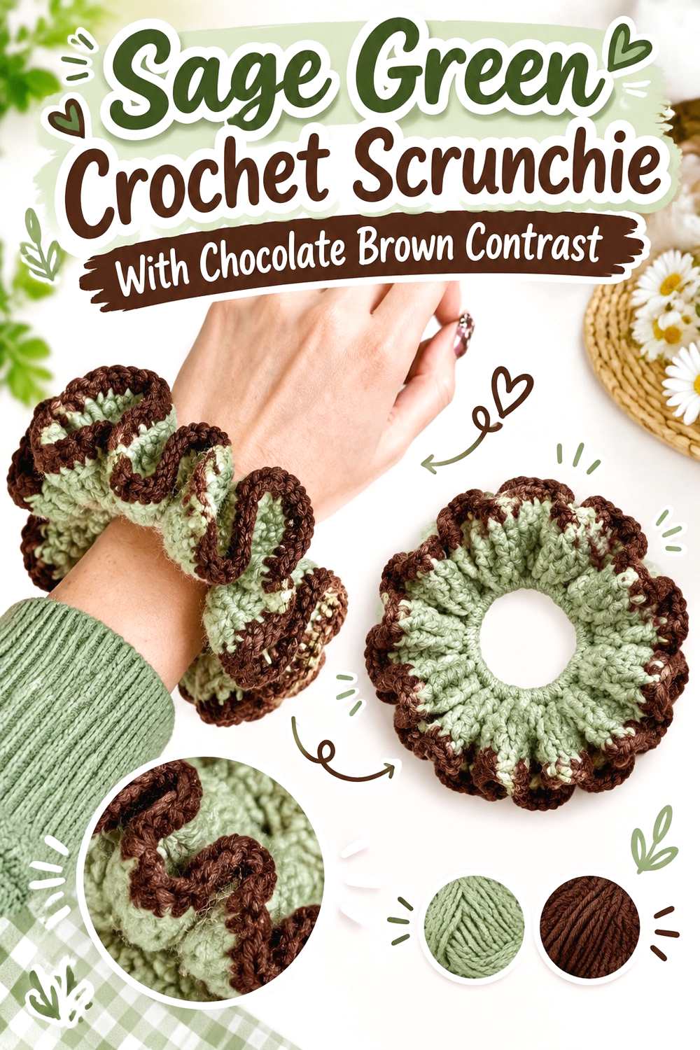 9. Sage Green Crochet Scrunchie With Chocolate Brown Contrast