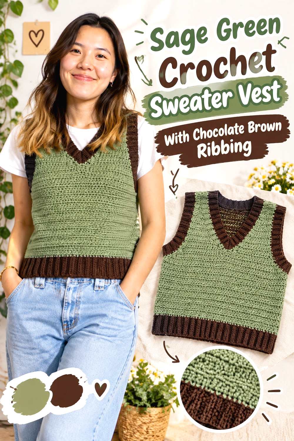 2. Sage Green Crochet Sweater Vest With Chocolate Brown Ribbing