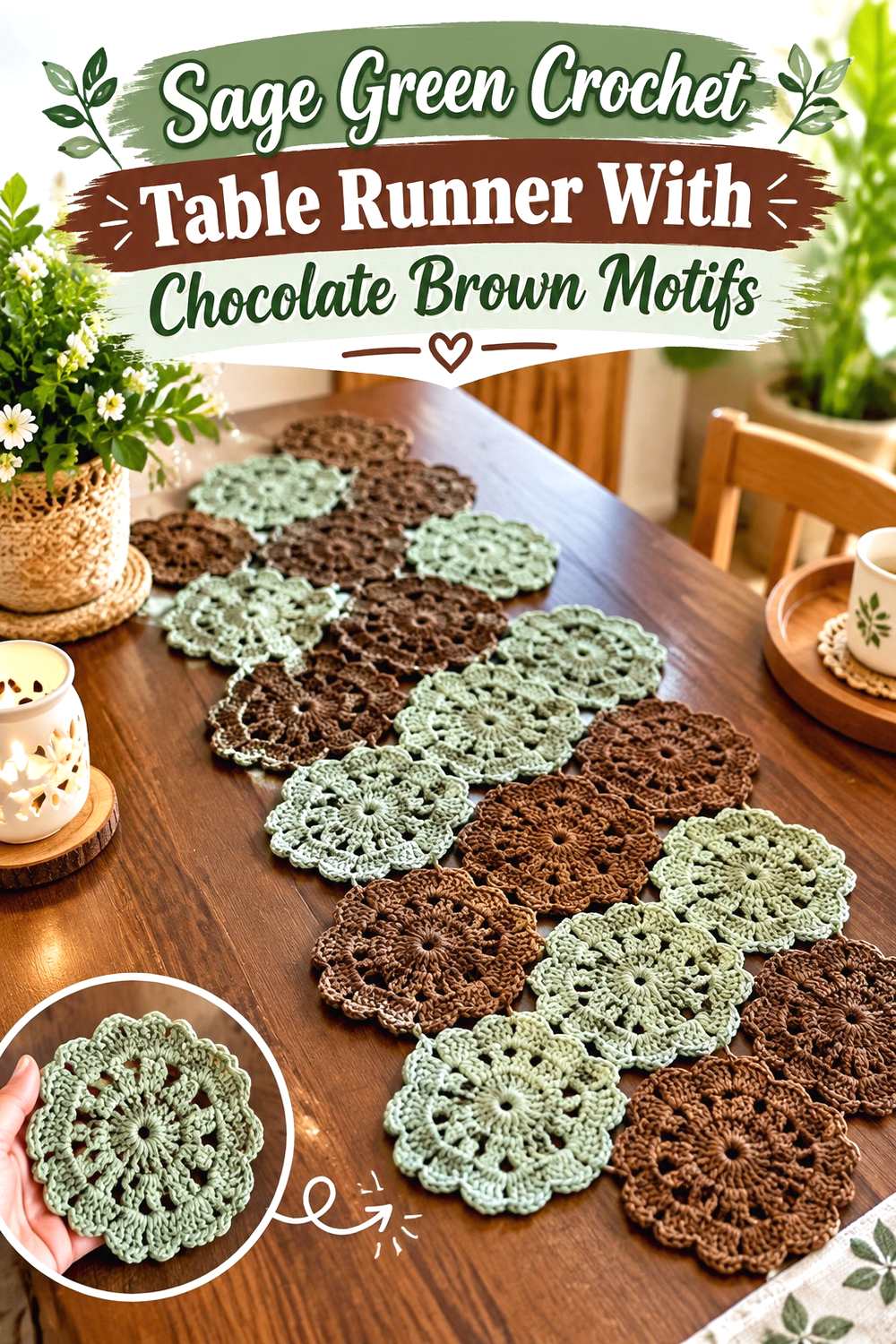 11. Sage Green Crochet Table Runner With Chocolate Brown Motifs