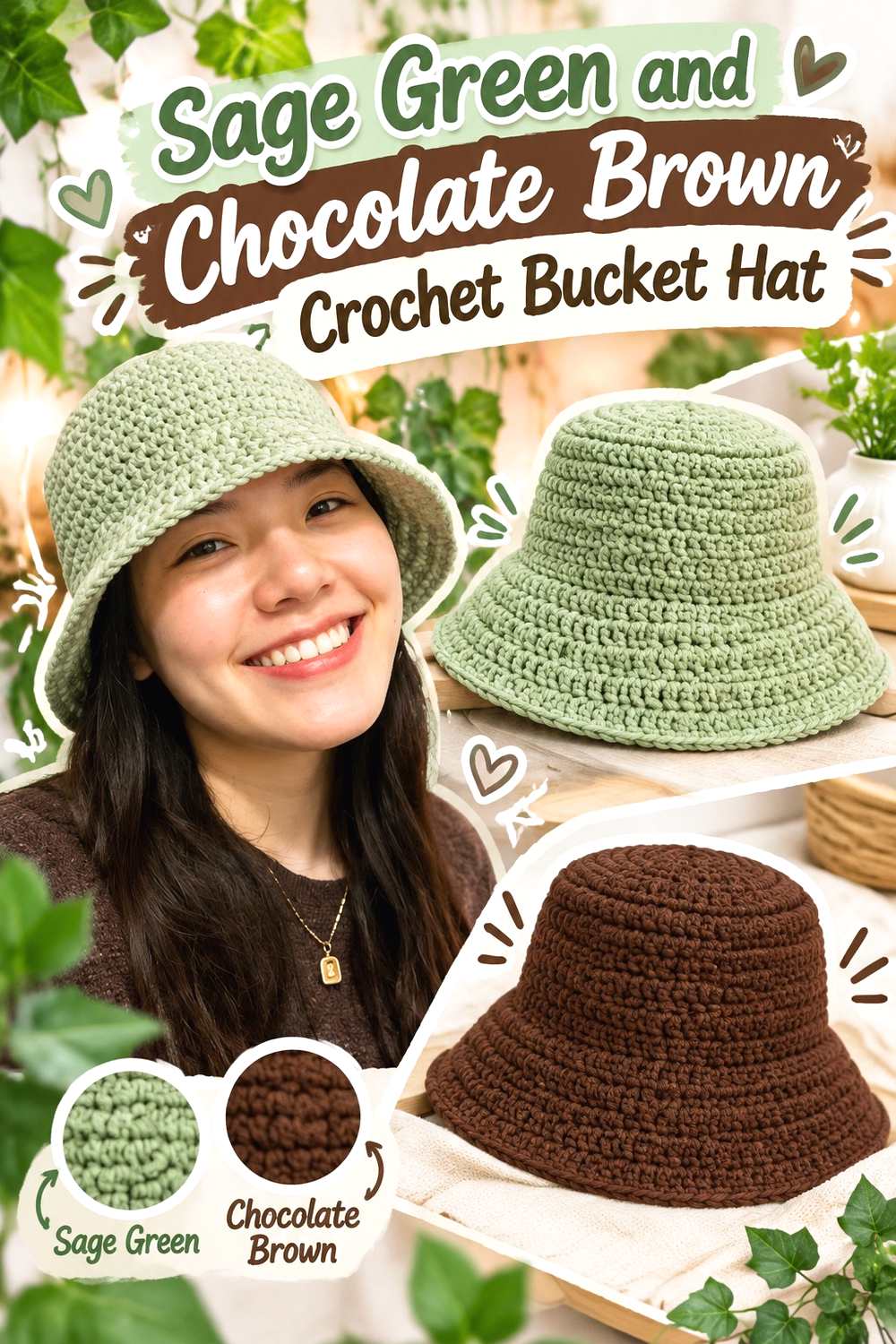 15. Sage Green And Chocolate Brown Crochet Bucket Hat