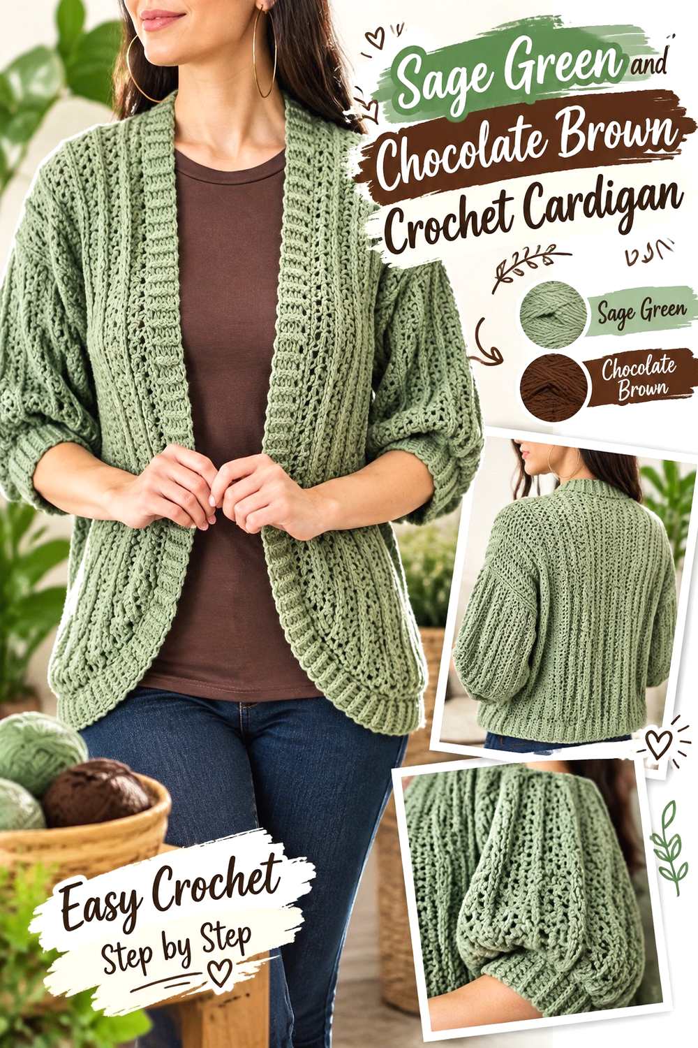 3. Sage Green And Chocolate Brown Crochet Cardigan