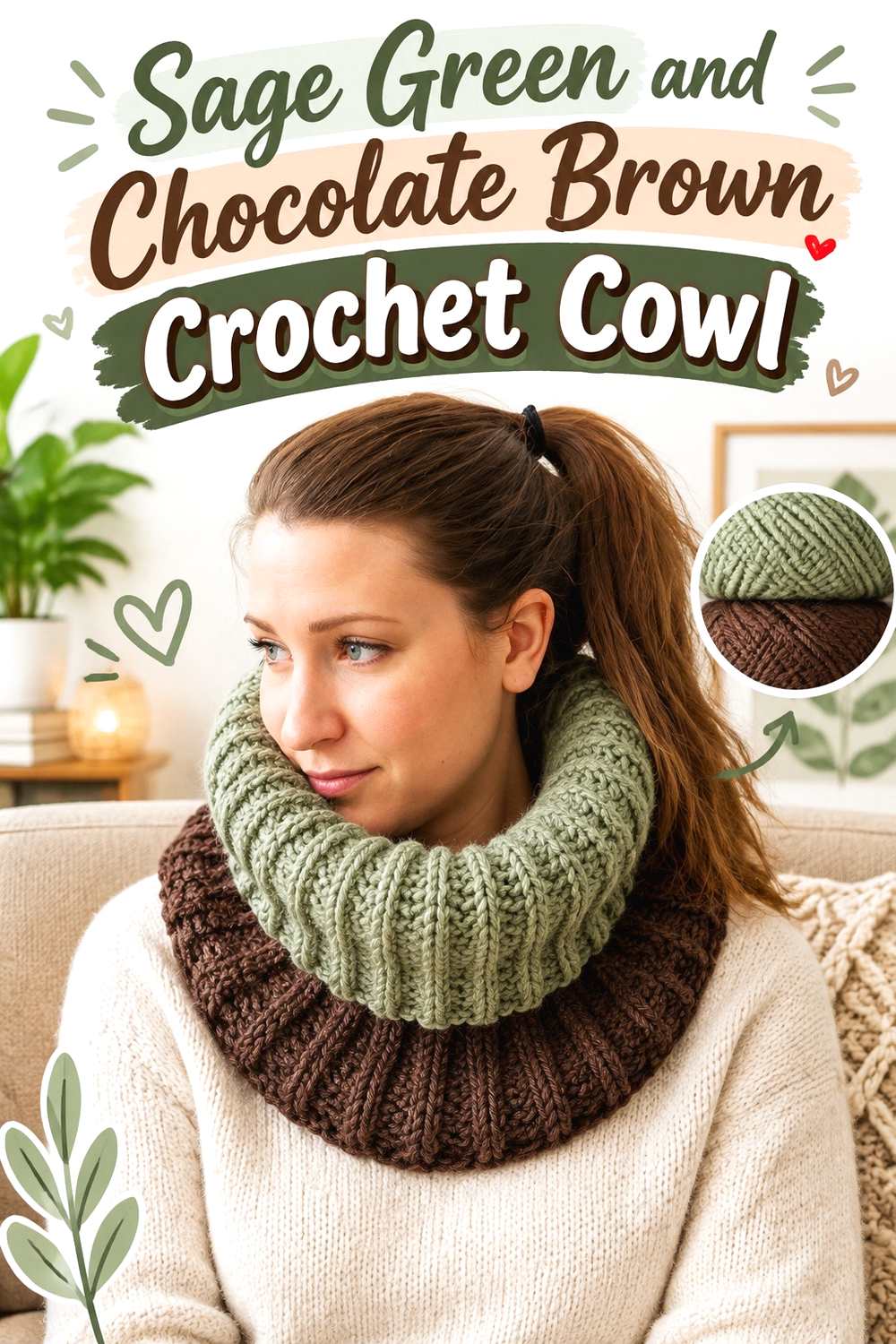12. Sage Green And Chocolate Brown Crochet Cowl