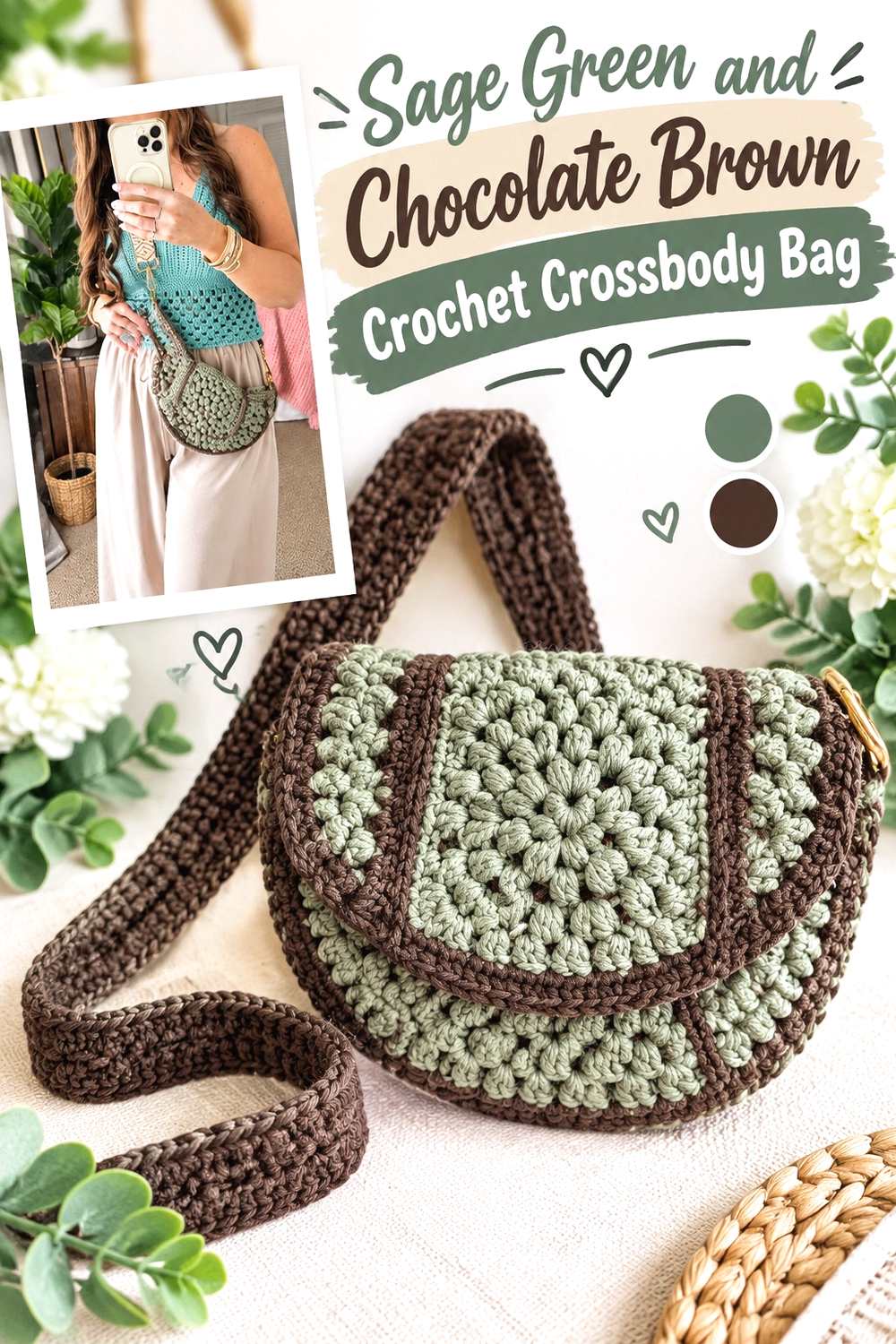 10. Sage Green And Chocolate Brown Crochet Crossbody Bag