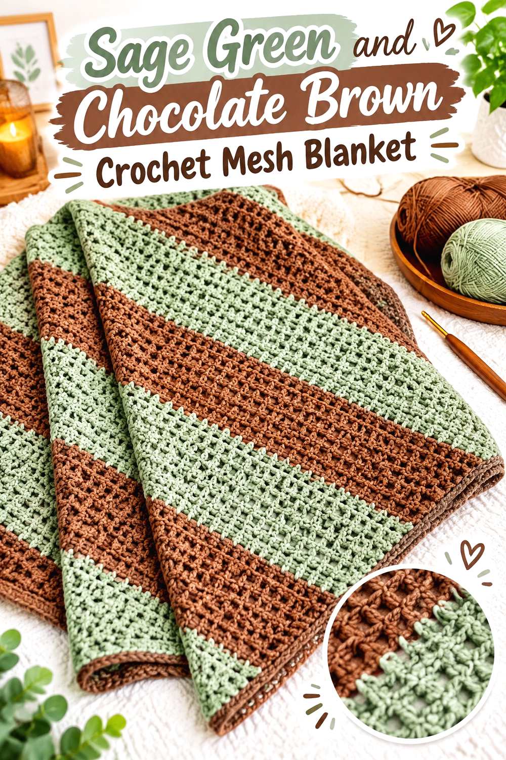 2. Sage Green And Chocolate Brown Crochet Mesh Blanket