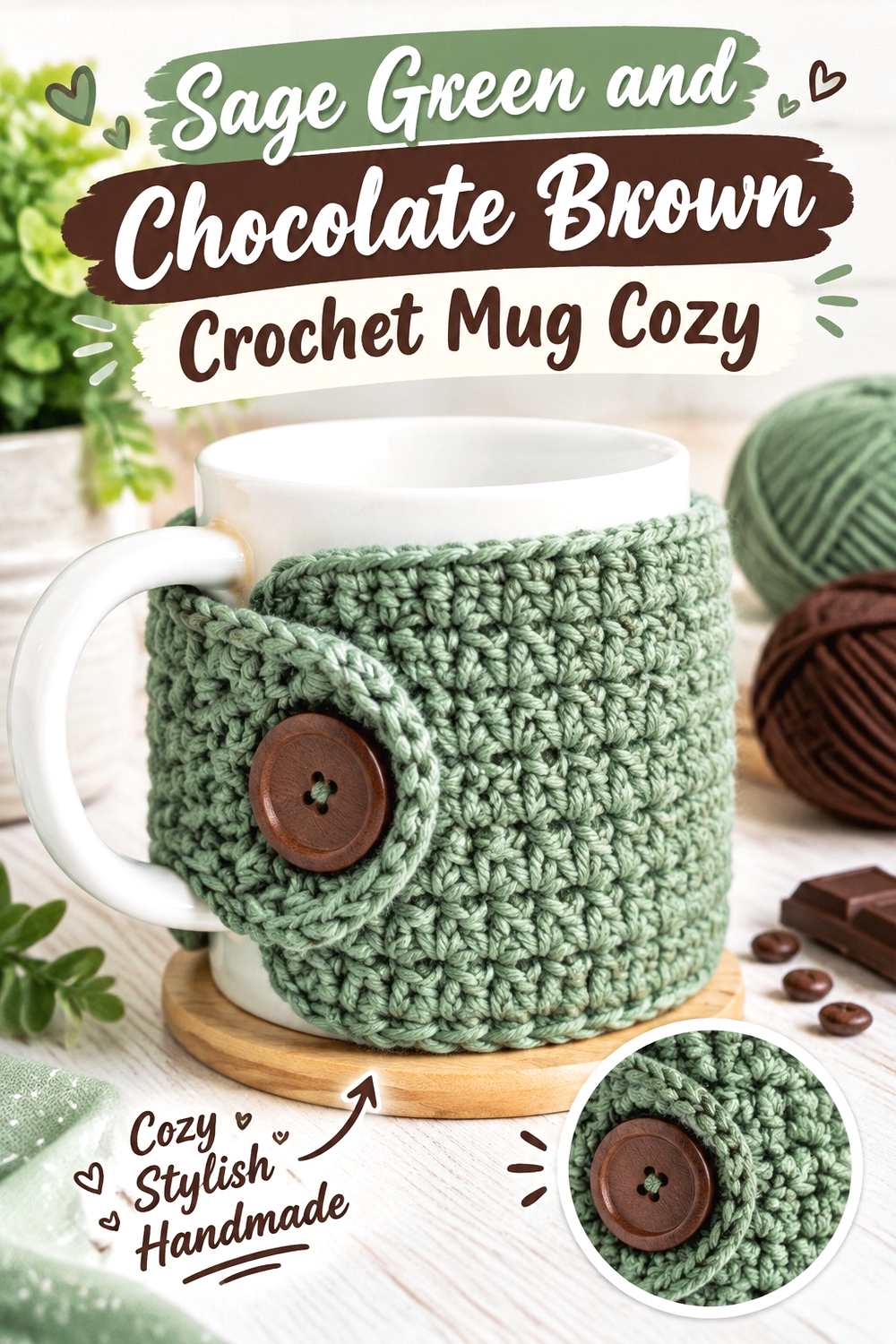 7. Sage Green And Chocolate Brown Crochet Mug Cozy