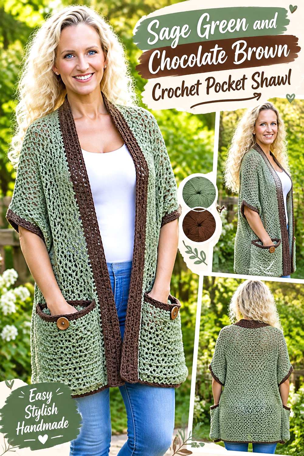 8. Sage Green And Chocolate Brown Crochet Pocket Shawl
