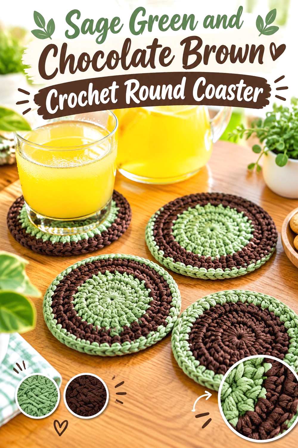 13. Sage Green And Chocolate Brown Crochet Round Coaster