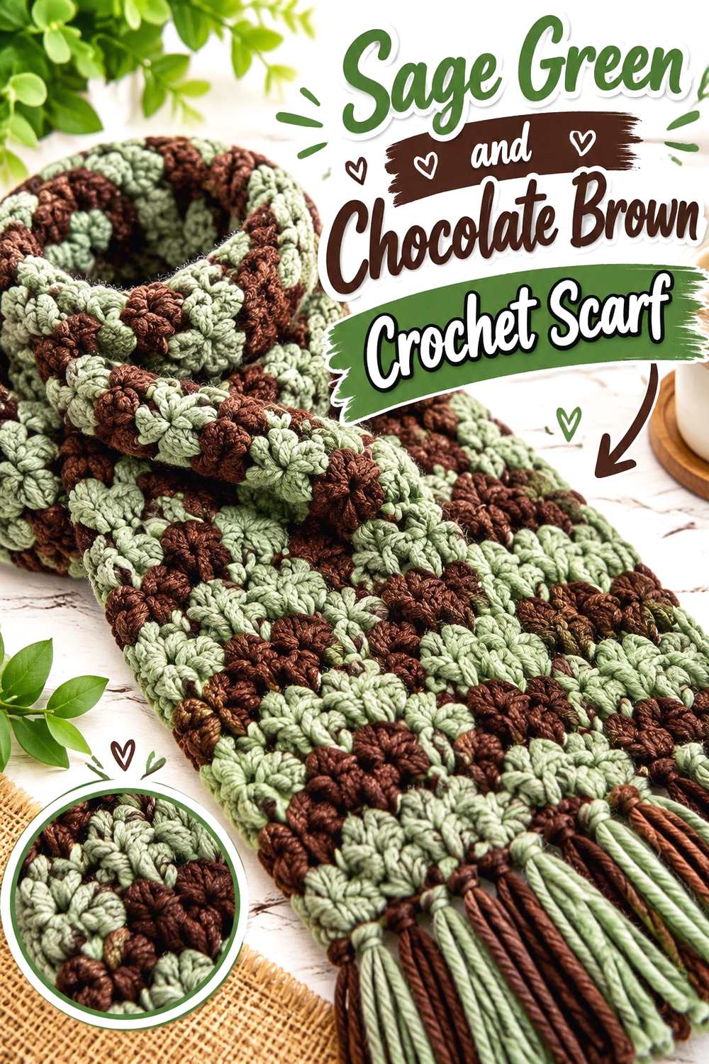 6. Sage Green And Chocolate Brown Crochet Scarf