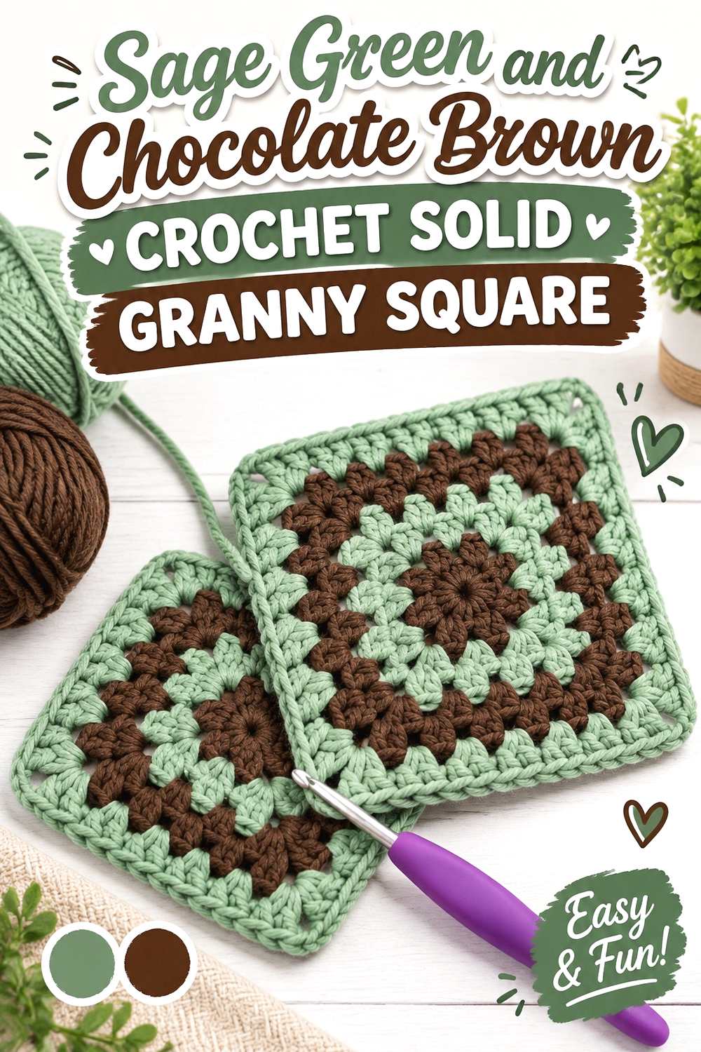 1. Sage Green And Chocolate Brown Crochet Solid Granny Square