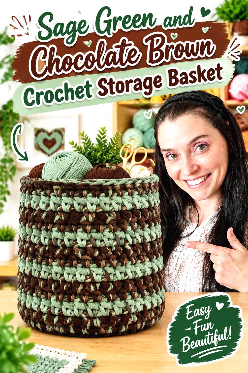 4. Sage Green And Chocolate Brown Crochet Storage Basket