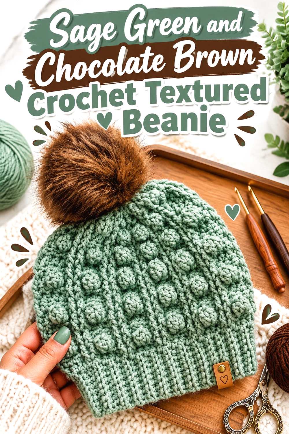 5. Sage Green And Chocolate Brown Crochet Textured Beanie