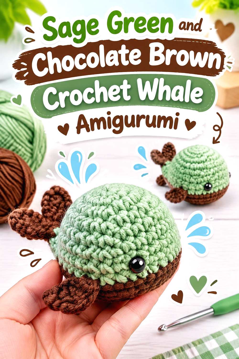 14. Sage Green And Chocolate Brown Crochet Whale Amigurumi